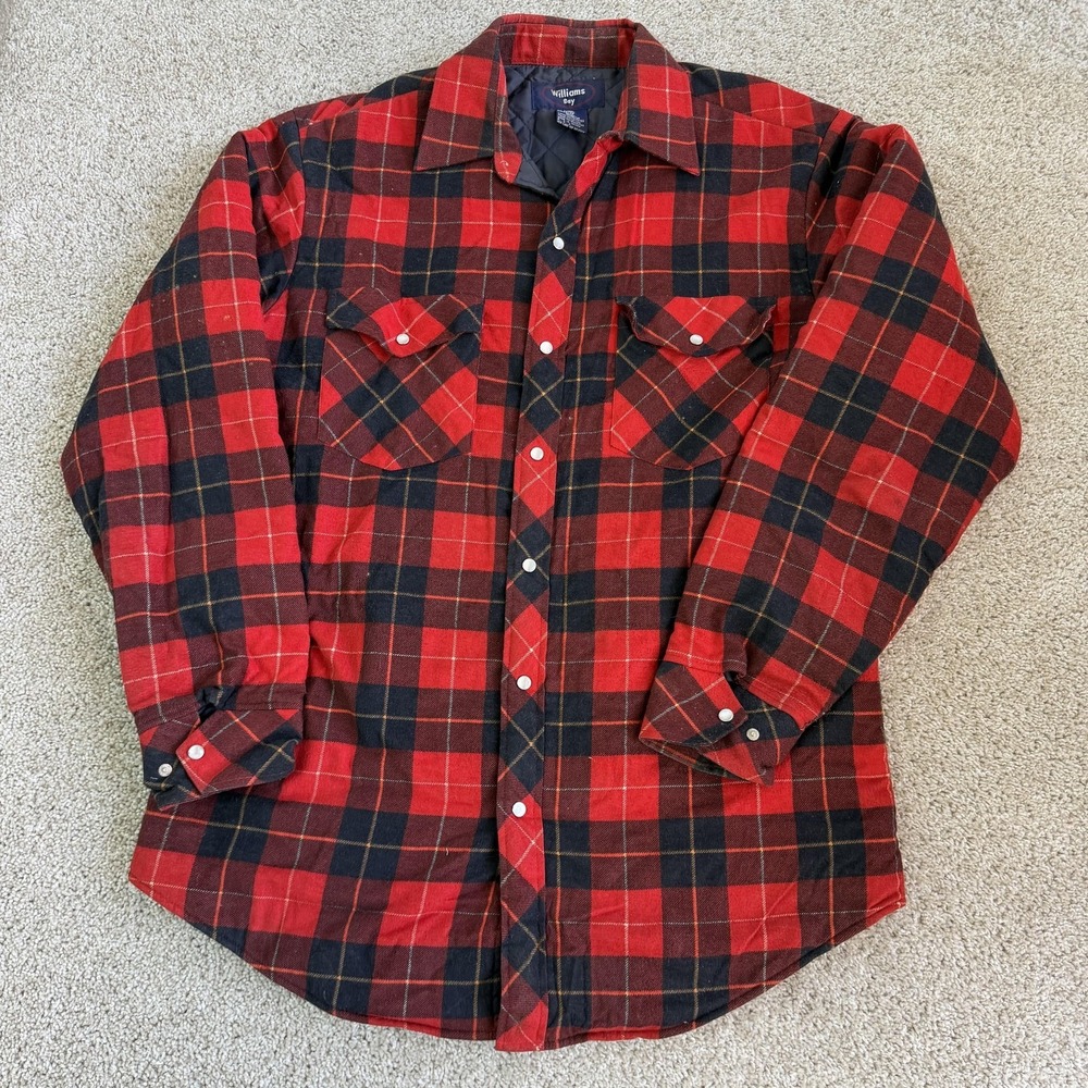 Vintage Williams Bay Jacket Mens LT Red Plaid Quilted Flannel Snap Shirt Lined